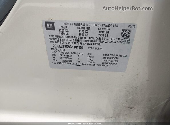 2GNALBEK9G1101352 2016 CHEVROLET EQUINOX Beige Շարժիչի բաժամունքի տեսք