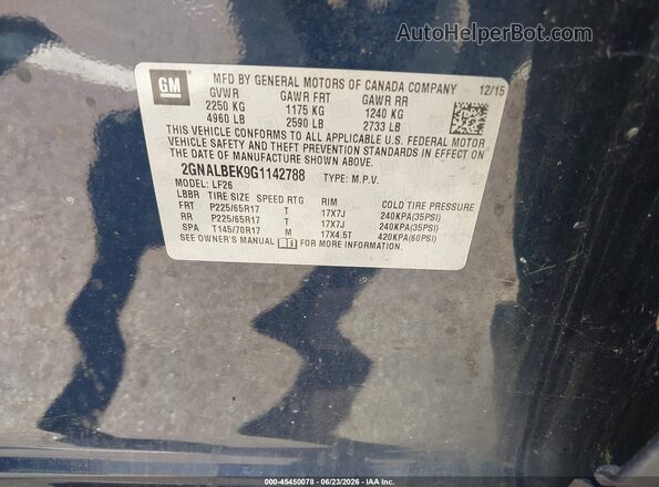 2GNALBEK9G1142788 2016 CHEVROLET EQUINOX Blue Vista del compartimento del motor