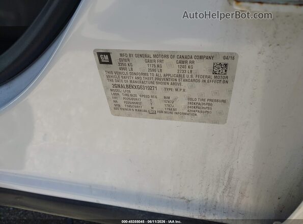 2GNALBEKXG6319271 2016 CHEVROLET EQUINOX White Widok komory silnika