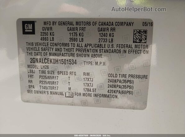 2GNALCEK0H1501534 2017 CHEVROLET EQUINOX White 