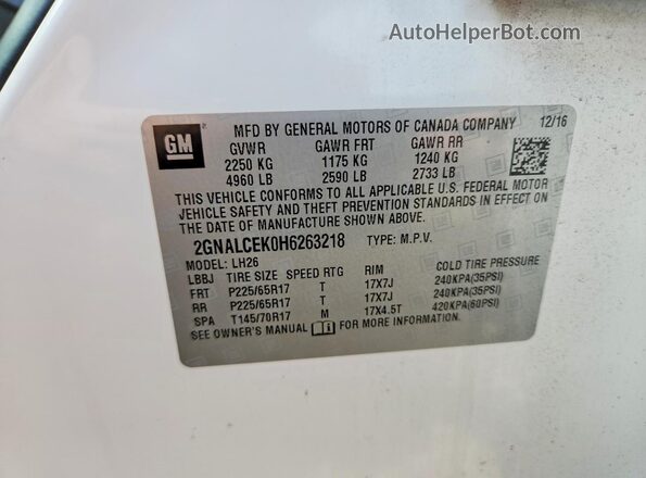 2GNALCEK0H6263218 2017 CHEVROLET EQUINOX Белый Вид подкапотного пространства