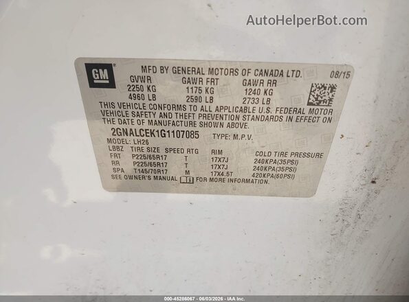 2GNALCEK1G1107085 2016 CHEVROLET EQUINOX White Вид підкапотного простору