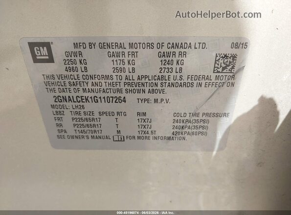 2GNALCEK1G1107264 2016 CHEVROLET EQUINOX Gold 
