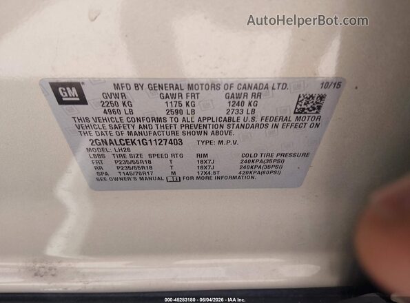 2GNALCEK1G1127403 2016 CHEVROLET EQUINOX Beige ძრავის განყოფილების ხედი
