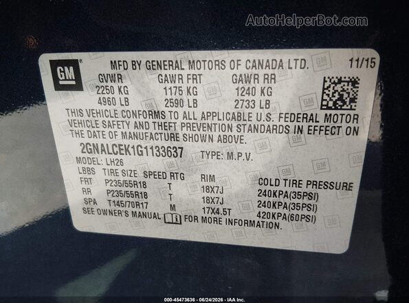2GNALCEK1G1133637 2016 CHEVROLET EQUINOX Blue Vista del compartimento del motor