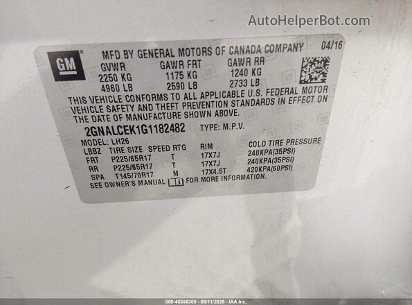 2GNALCEK1G1182482 2016 CHEVROLET EQUINOX Silver Շարժիչի բաժամունքի տեսք