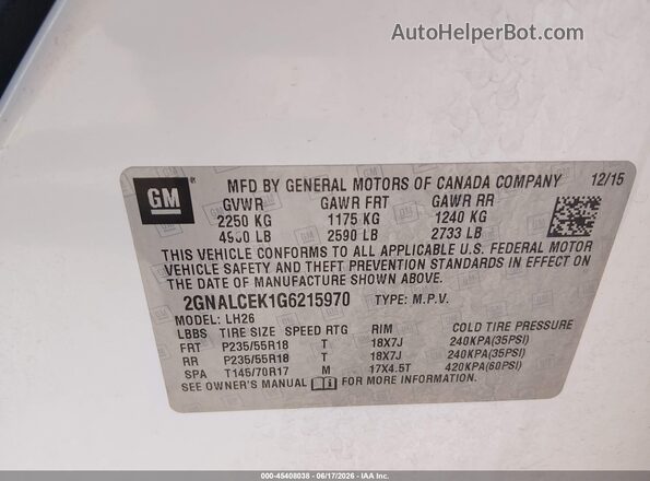 2GNALCEK1G6215970 2016 CHEVROLET EQUINOX Белый Вид подкапотного пространства