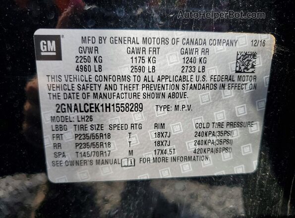 2GNALCEK1H1558289 2017 CHEVROLET EQUINOX Черный Вид наклейки с VIN-кодом