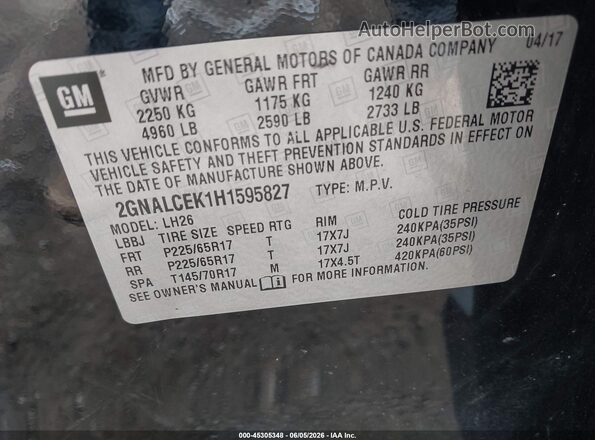 2GNALCEK1H1595827 2017 CHEVROLET EQUINOX Черный 