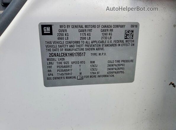 2GNALCEK1H6178517 2017 CHEVROLET EQUINOX White ძრავის განყოფილების ხედი