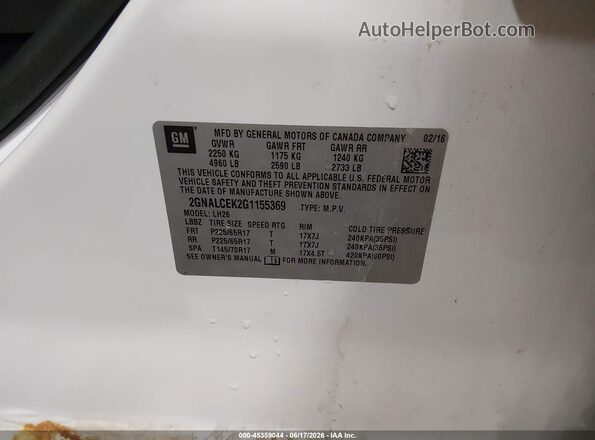 2GNALCEK2G1155369 2016 CHEVROLET EQUINOX White ძრავის განყოფილების ხედი