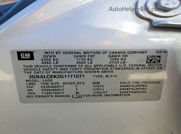 2GNALCEK2G1171071 2016 CHEVROLET EQUINOX Silver VIN კოდის სტიკერის ხედი