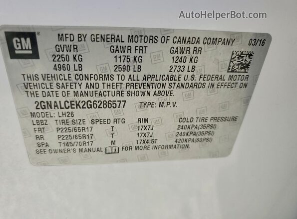 2GNALCEK2G6286577 2016 CHEVROLET EQUINOX White Widok wnętrza 360 stopni