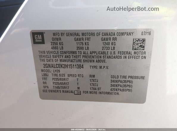 2GNALCEK2H1511384 2017 CHEVROLET EQUINOX White Engine compartment view