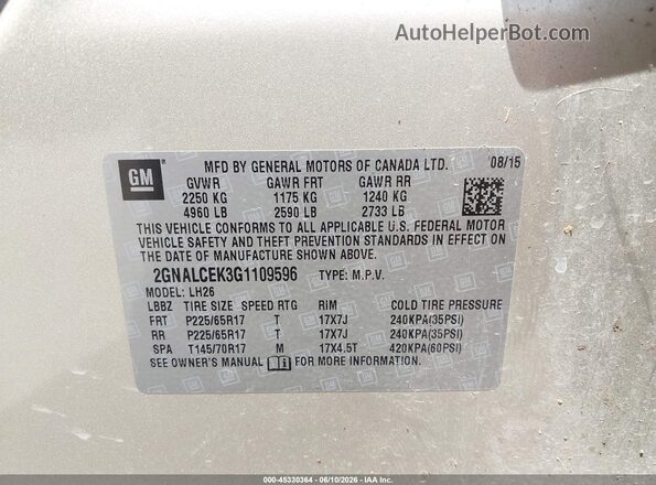2GNALCEK3G1109596 2016 CHEVROLET EQUINOX Beige Engine compartment view