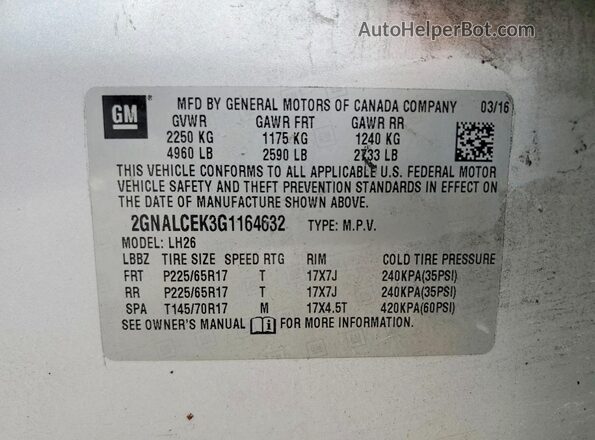 2GNALCEK3G1164632 2016 CHEVROLET EQUINOX Silver Widok naklejki z numerem VIN