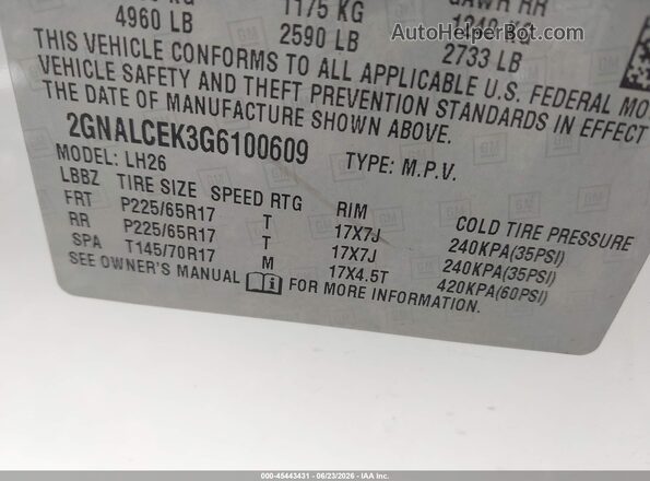 2GNALCEK3G6100609 2016 CHEVROLET EQUINOX White Engine compartment view