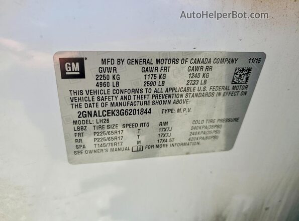 2GNALCEK3G6201844 2016 CHEVROLET EQUINOX White VIN კოდის სტიკერის ხედი