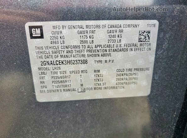 2GNALCEK3H6237308 2017 CHEVROLET EQUINOX Серый 