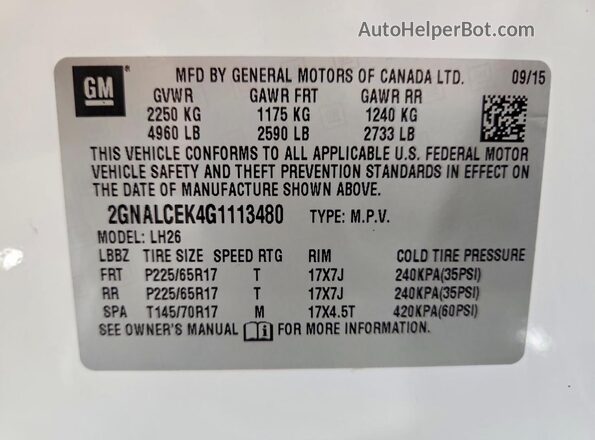 2GNALCEK4G1113480 2016 CHEVROLET EQUINOX White Widok komory silnika