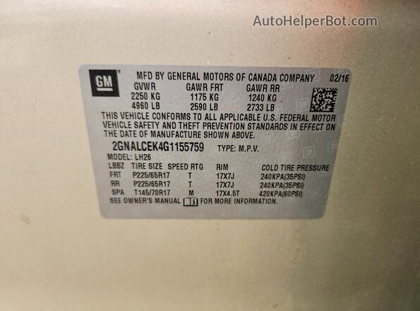 2GNALCEK4G1155759 2016 CHEVROLET EQUINOX Beige VIN კოდის სტიკერის ხედი