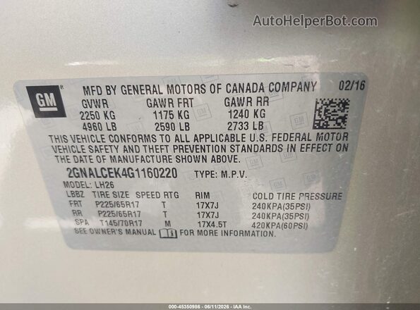 2GNALCEK4G1160220 2016 CHEVROLET EQUINOX Champagne Շարժիչի բաժամունքի տեսք