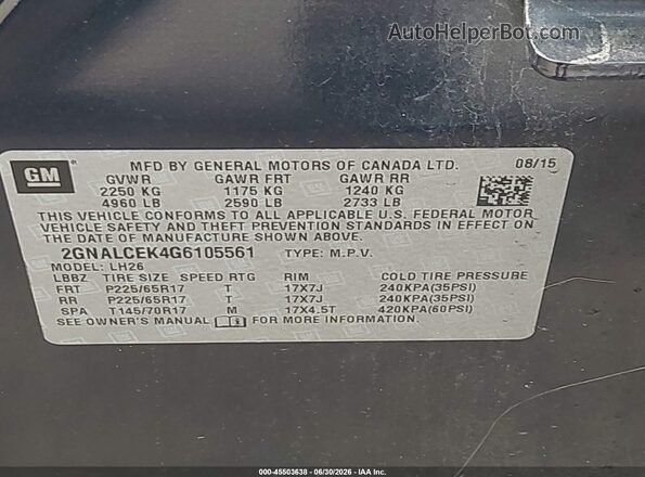 2GNALCEK4G6105561 2016 CHEVROLET EQUINOX Blue Vista del compartimento del motor