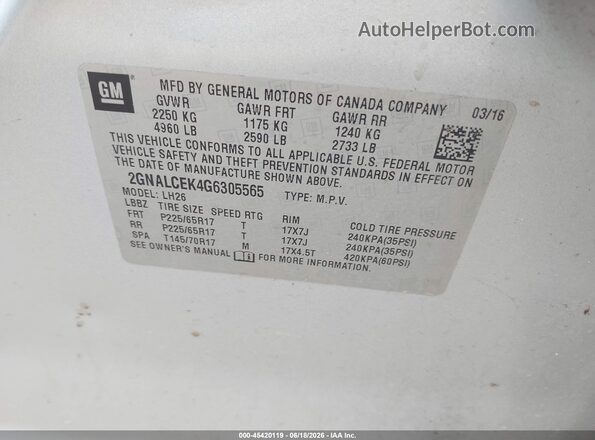 2GNALCEK4G6305565 2016 CHEVROLET EQUINOX Gray Vista del compartimento del motor