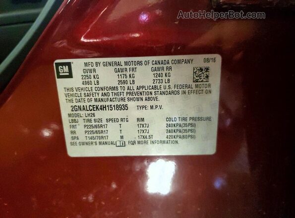 2GNALCEK4H1518935 2017 CHEVROLET EQUINOX Красный Вид наклейки с VIN-кодом
