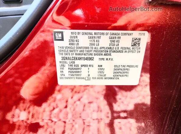 2GNALCEK4H1546962 2017 CHEVROLET EQUINOX Burgundy Widok komory silnika