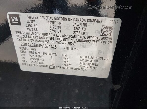 2GNALCEK4H1571425 2017 CHEVROLET EQUINOX Black Widok komory silnika