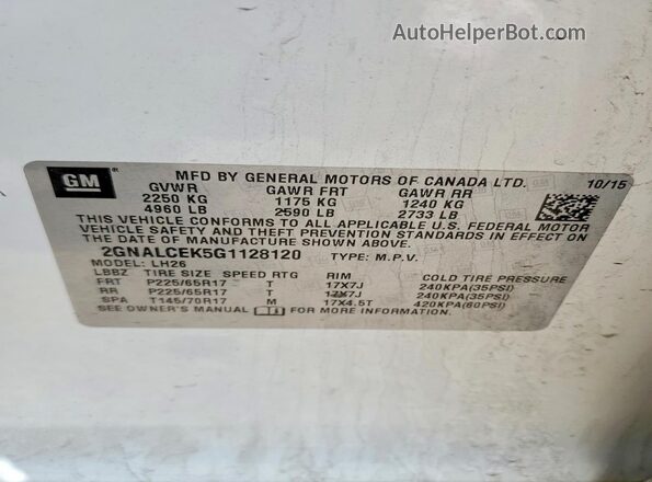 2GNALCEK5G1128120 2016 CHEVROLET EQUINOX Белый Вид наклейки с VIN-кодом