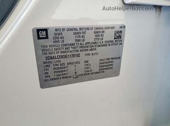 2GNALCEK5G1178192 2016 CHEVROLET EQUINOX White Вид наклейки з VIN-кодом