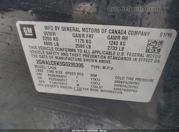 2GNALCEK5G6235395 2016 CHEVROLET EQUINOX Black Widok komory silnika