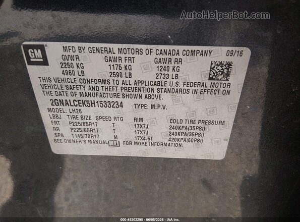2GNALCEK5H1533234 2017 CHEVROLET EQUINOX Gray ძრავის განყოფილების ხედი