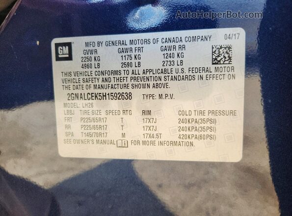 2GNALCEK5H1592638 2017 CHEVROLET EQUINOX Blue ძრავის განყოფილების ხედი
