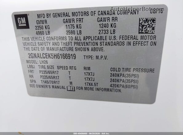 2GNALCEK5H6166919 2017 CHEVROLET EQUINOX White Vista del compartimento del motor