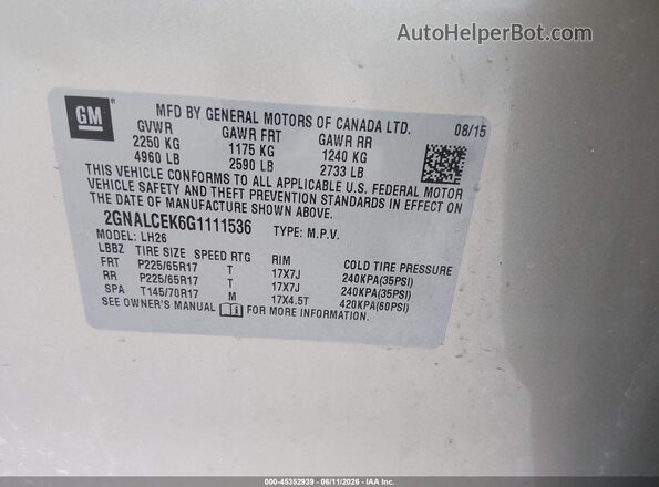 2GNALCEK6G1111536 2016 CHEVROLET EQUINOX Gold Engine compartment view