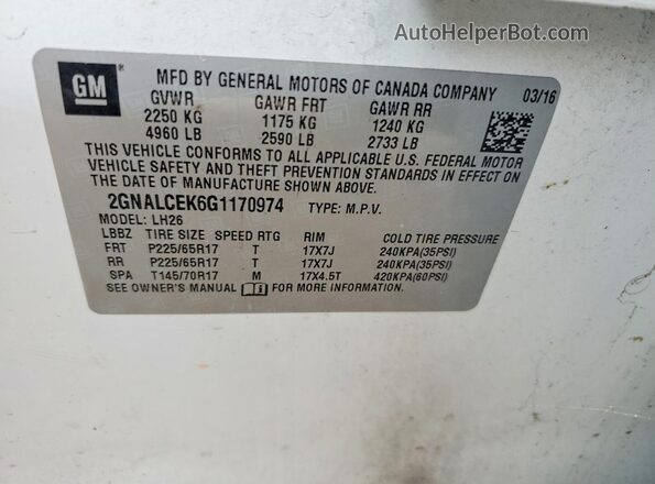 2GNALCEK6G1170974 2016 CHEVROLET EQUINOX White Вид наклейки з VIN-кодом