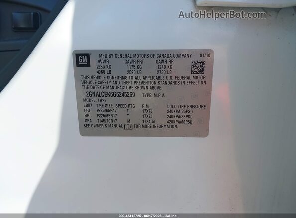 2GNALCEK6G6245269 2016 CHEVROLET EQUINOX White 