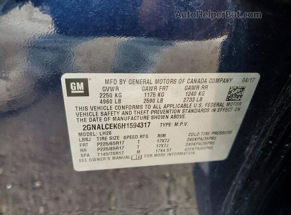 2GNALCEK6H1594317 2017 CHEVROLET EQUINOX Blue Vista del compartimento del motor