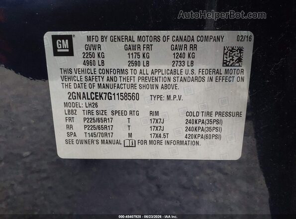 2GNALCEK7G1158560 2016 CHEVROLET EQUINOX Dark Blue Вид підкапотного простору