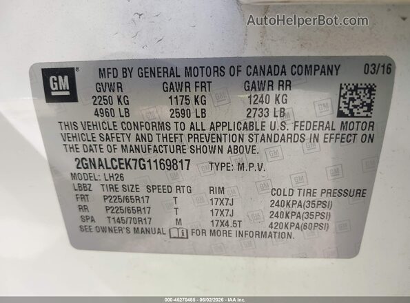 2GNALCEK7G1169817 2016 CHEVROLET EQUINOX White Widok komory silnika
