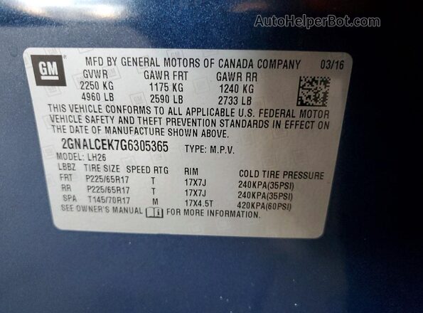 2GNALCEK7G6305365 2016 CHEVROLET EQUINOX Blue Widok komory silnika