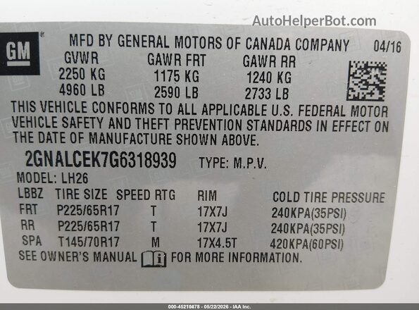 2GNALCEK7G6318939 2016 CHEVROLET EQUINOX White ძრავის განყოფილების ხედი