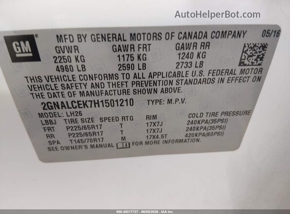 2GNALCEK7H1501210 2017 CHEVROLET EQUINOX White 