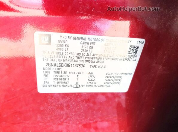 2GNALCEK8G1137894 2016 CHEVROLET EQUINOX Red VIN կոդի պիտակի տեսք
