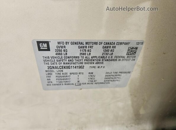 2GNALCEK8G1141962 2016 CHEVROLET EQUINOX Tan Engine compartment view