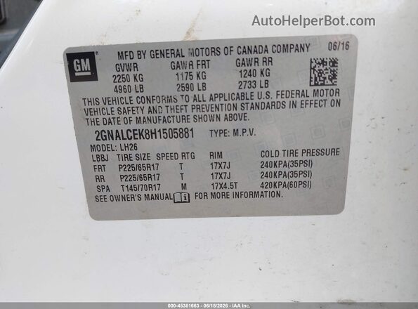 2GNALCEK8H1505881 2017 CHEVROLET EQUINOX White Շարժիչի բաժամունքի տեսք