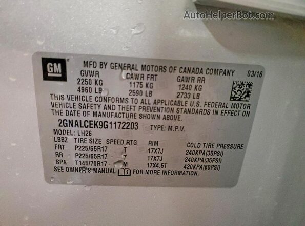 2GNALCEK9G1172203 2016 CHEVROLET EQUINOX Silver VIN sticker view